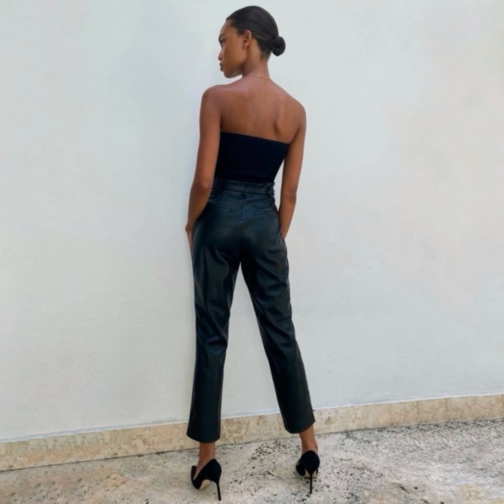 Aritzia Babaton Vegan Leather Belted Pant High Waist Tie Front Trouser Black 8 - Picture 3 of 16